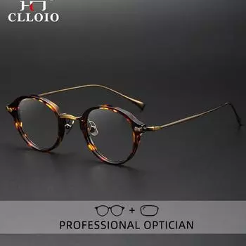 CLLOIO Новые очки для чтения из чистого титана с защитой от синего излучения, мужские ретро-круглые очки для близорукости, роскошные ацетатные оправы для очков по рецепту 0