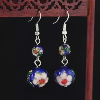 Cloisonne Chinese retro round bead earrings handmade silk enamel earrings women s simple cheongsam earrings 14mm