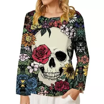 CLOOCL женская футболка с рисунком цветов и черепа, 3D-принт, футболка с пуговицами, топы с длинным рукавом, свободная футболка, женская одежда S