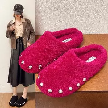 Closed Toe Warm Cotton Slippers Women Faux Fur Thicken Plush Winter Home Shoes Woman Lightweight Casual Indoor Slides Female 35 бежевый