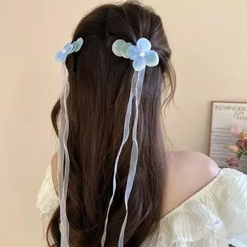 Cloth Simulation Flower Hair Clips Pearl Ribbon Duckbill Clip Elegant Flower Hairpin Girl синий