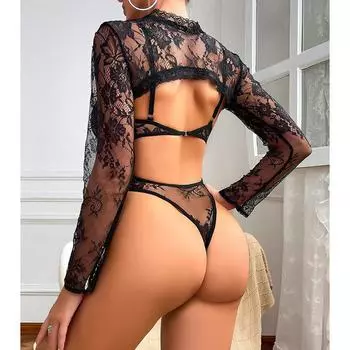 Одежда Новое Сексуальное нижнее белье Сексуальный женский сетчатый принт Длинный рукав Комбинезон на подтяжках Секс-набор S