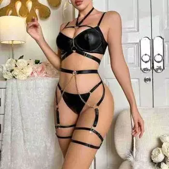 Одежда кожа PU цепь стринги пояс для чулок женские три комплекта сексуального нижнего белья S