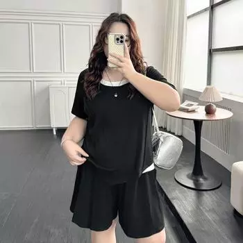 clothing [Super Slimming Fake Two-Piece Suit Two-piece Set Pack] Chubby Girl Contrast Color Irregular Short sleeve T-shirt Pantskirt Two-piece Set