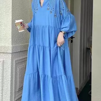 Clothland Женское Элегантное Вышитое Платье V-образный Вырез Расклешенные Рукава Свободный Стиль Цельный Ретро Миди Платья One Size хаки