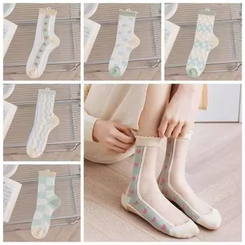 Cloud Crystal Silk Stripe Mid Tube Socks Love Heart Glass Silk Lace Transparent Socks Girl Style A
