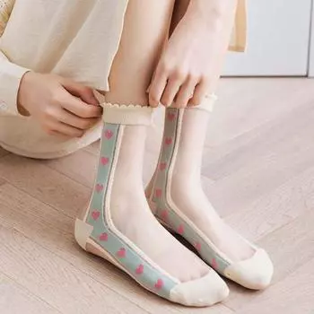 Cloud Glass Silk Lace Transparent Socks Love Heart Crystal Silk Stripe Mid Tube Socks Funny Girl Style A