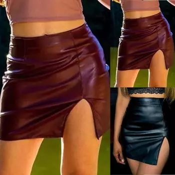 Club Party Faux Leather Skirt Women s High Waist Bodycon Skirt Black/Red S 2XL 2XL чёрный