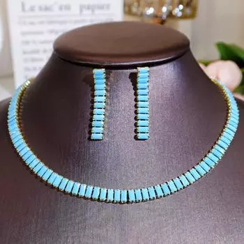 CMM 2 шт. Европейский квадратный натуральный циркон Ретро этническое ожерелье серьги-подвески модный счастливый женский комплект ювелирных изделий синий