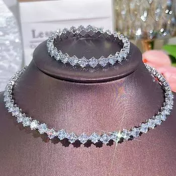 CMM 2 шт. легкие вечерние комплекты ювелирных изделий для женщин золотого цвета с ромбами AAA с кубическим цирконием открытого размера, комплект колье-колье с регулируемым браслетом золотой