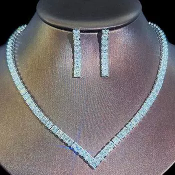 CMM, 2 шт., простой свадебный комплект ювелирных изделий, квадратный цирконий AAA, V-образное колье, ожерелье, серьги для женщин золотой