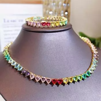 CMM 2 шт., высокое качество, многоцветный цирконий в форме сердца, серебристый или золотой колье, ожерелье, теннисный браслет, летний стиль, женский комплект ювелирных изделий для вечеринок золотой