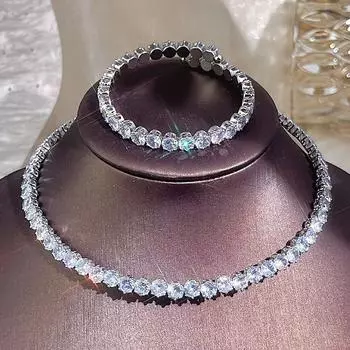 CMM 2PS, легкий роскошный комплект свадебных украшений, круглый AAA + цирконий, серебристый теннисный браслет, комплекты колье и ожерелья золотой