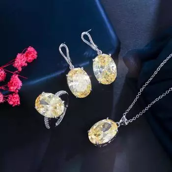 CMM 3 шт. блестящие желтые овальные серьги с цирконием, регулируемые кольца, серьги, ожерелье, комплект жёлтый
