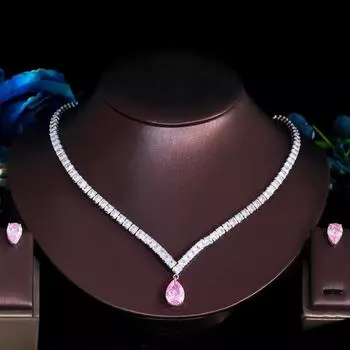 CMM блестящий AAA + розовый циркон ожерелье серьги вечерние свадебные женские украшения комплект розовый