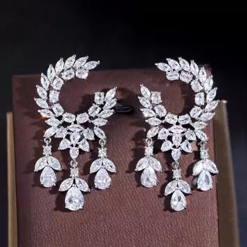 CMM Блестящий кубический цирконий Свадебные украшения с кисточками и листьями Серьги-капли серебряный