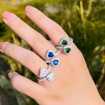 CMM Bling Royal Blue с кубическим цирконием в форме двойного сердца, открытые кольца на палец для женщин, регулируемые ювелирные изделия-манжеты Adjustable сапфировый