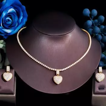 CMM CZ циркон бразильский золотой цвет в форме сердца кулон ожерелье и серьги модный женский комплект ювелирных изделий для свадебной вечеринки золотой