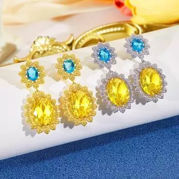 CMM европейские женские легкие роскошные серьги-подвески в форме цветка, инкрустированные полупрозрачным цирконием, тяжелая промышленность, золотисто-серебристые модные украшения для ушей золотой