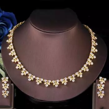 CMM Изысканные комплекты свадебных ожерелья и сережек цвета желтого золота с кубическим цирконием белый