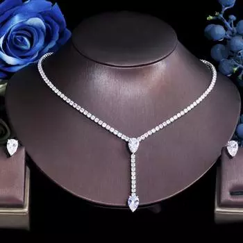 CMM капля воды кубический циркон женский вечерний костюм ожерелье и серьги свадебные комплекты украшений для невест серебряный