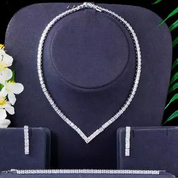 CMM Классический квадратный цирконий 3 шт. V-образный комплект ожерелья, браслета и серег белого золота