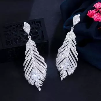 CMM Красивые сверкающие циркониевые длинные серьги-капли с перьями серебряный