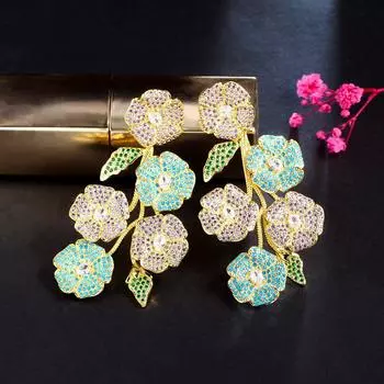 CMM Летний стиль Цирконий Ювелирные изделия Золотой цвет Мульти Цветочные серьги-капли зелёный/фиолетовый