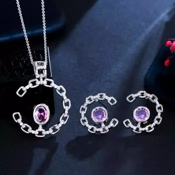 CMM Модные аметистовые циркониевые ожерелья, серьги серебряного цвета, комплекты ювелирных изделий аметист