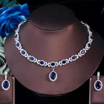 CMM модные серьги-капли из белого золота с кубическим цирконием, комплект ожерелья сапфировый