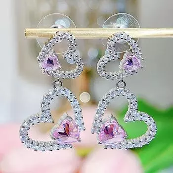 CMM Pave Розовый Цирконий Серебристые Полые Серьги-капли с Двойным Сердцем Романтические Украшения в форме Сердца для Женщин Вечерняя Одежда розовый