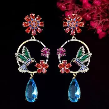 CMM Природа Цветок Птица Многоцветный Циркон Длинные Серьги-капли