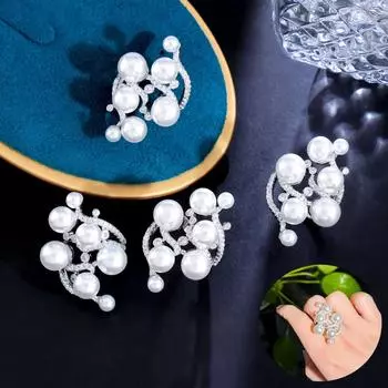 CMM Регулируемый размер, уникальный креативный дизайн, блестящий белый цирконий, обручальные кольца с искусственным жемчугом для женщин Adjustable серебряный