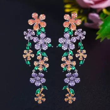 CMM Ретро-стиль Цветные цветы AAA Циркон Супер длинные серьги-капли разноцветный