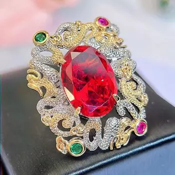 CMM Роскошный Дракон Полный Кубический Циркон Инкрустированный Большой Овальный Красный Цирконий Регулируемое Кольцо Lucky Party для Женщин Старинные Китайские Ювелирные Изделия рубиновый