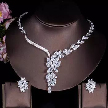 CMM Роскошный комплект из 2 шт. с цветочным цирконием, костюм, ожерелье, серьги белого золота