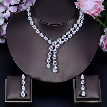 CMM Супер Роскошный свадебный комплект серег с подвеской в форме капли с кубическим цирконием сапфировый