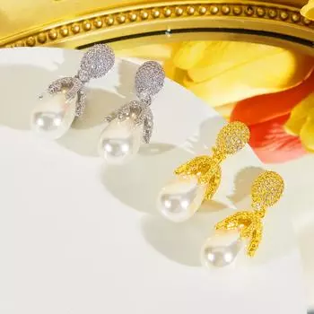 CMM Temperament Woman Элегантные серьги с подвеской из искусственного жемчуга, инкрустированные фианитами, французский тренд, золотисто-серебристые украшения для ушей золотой