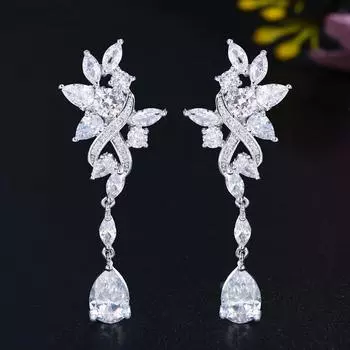 CMM Top кубический цирконий маркиза огранка лист длинные капли воды свадебные серьги серебряный