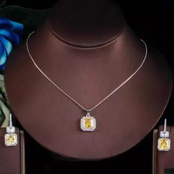 CMM Уникальный блестящий светло-желтый цирконий квадратной формы висячие серьги ожерелье комплект светло-желтого