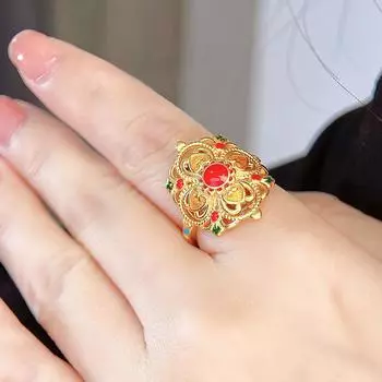 CMM Винтаж Красное Капельное Масло Желтого Золота Цвет Регулируемое Коктейльное Кольцо Для Женщин Бижутерия золотой