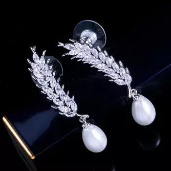 CMM Высокое качество, модные серьги с цирконием, висячие капли, искусственный жемчуг, ювелирные изделия, серьги с перьями пшеницы серебряный