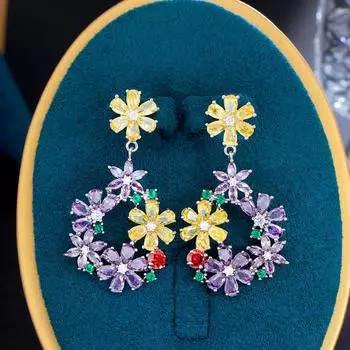 CMM Высококачественные женские бижутерия с цветущим цветком, желтый, фиолетовый, с кубическим цирконием, большие длинные роскошные серьги