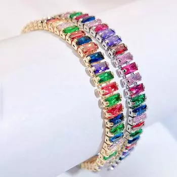 CMM Женская мода Белый Золотой Многоцветный Прямоугольной Формы Циркон Теннисный Браслет Свадебная Вечеринка Ювелирные Изделия белого золота