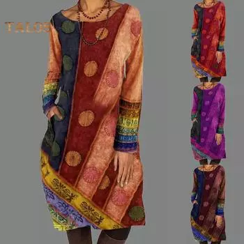 CMW женское зимнее платье длиной до колена с длинным рукавом и этническим принтом в стиле пэчворк и карманами 3XL коричневый