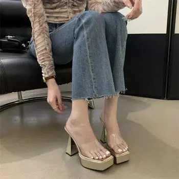 CNMB НОВЫЕ Модные Серебристые ПВХ Прозрачные Шлепанцы на Платформе Летние Женские С Открытым Носком На Квадратном Каблуке Сандалии Танцевальная Обувь 35