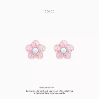 Coacc Small Flower Ear Studs Cute Resin Summer Sequins Pink Sequin flower stud earrings