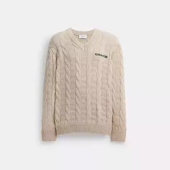 Coach Cable Knit свитер с V-образным вырезом, овсянка Small