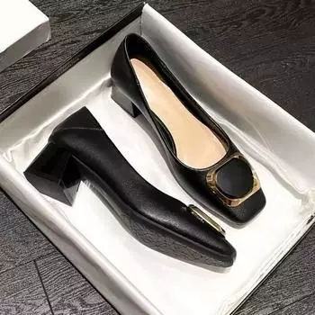 Coarse heel casual Doudou shoes summer new light mouth temperament small leather shoes square head high heel single shoes women 35