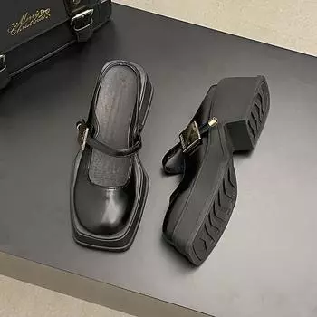 Coarse heel double bag head slippers women s outer wear spring and summer new square head platform single shoes women 35